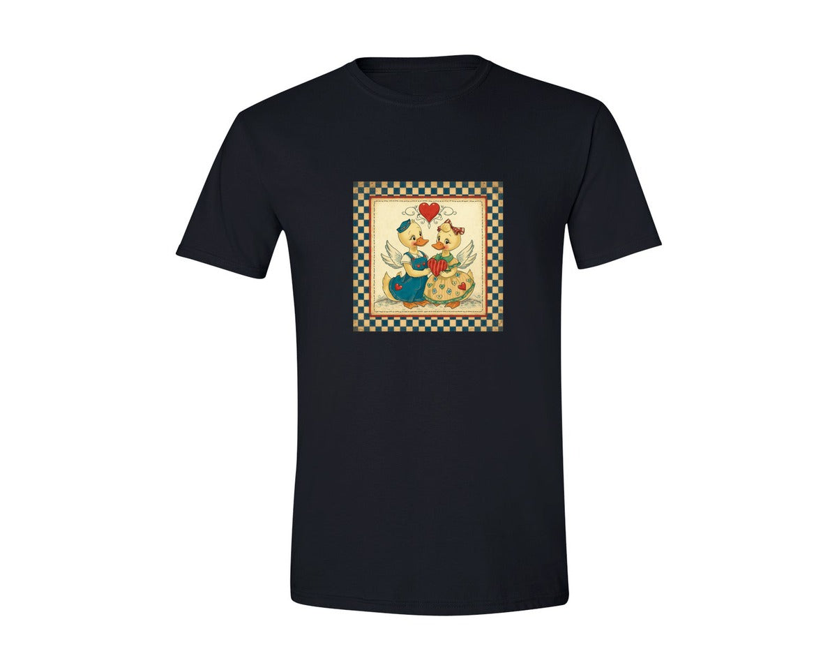 brand:Generic|color:Black|Vintage Duck Couple Folk Art Heart Graphic T-Shirt