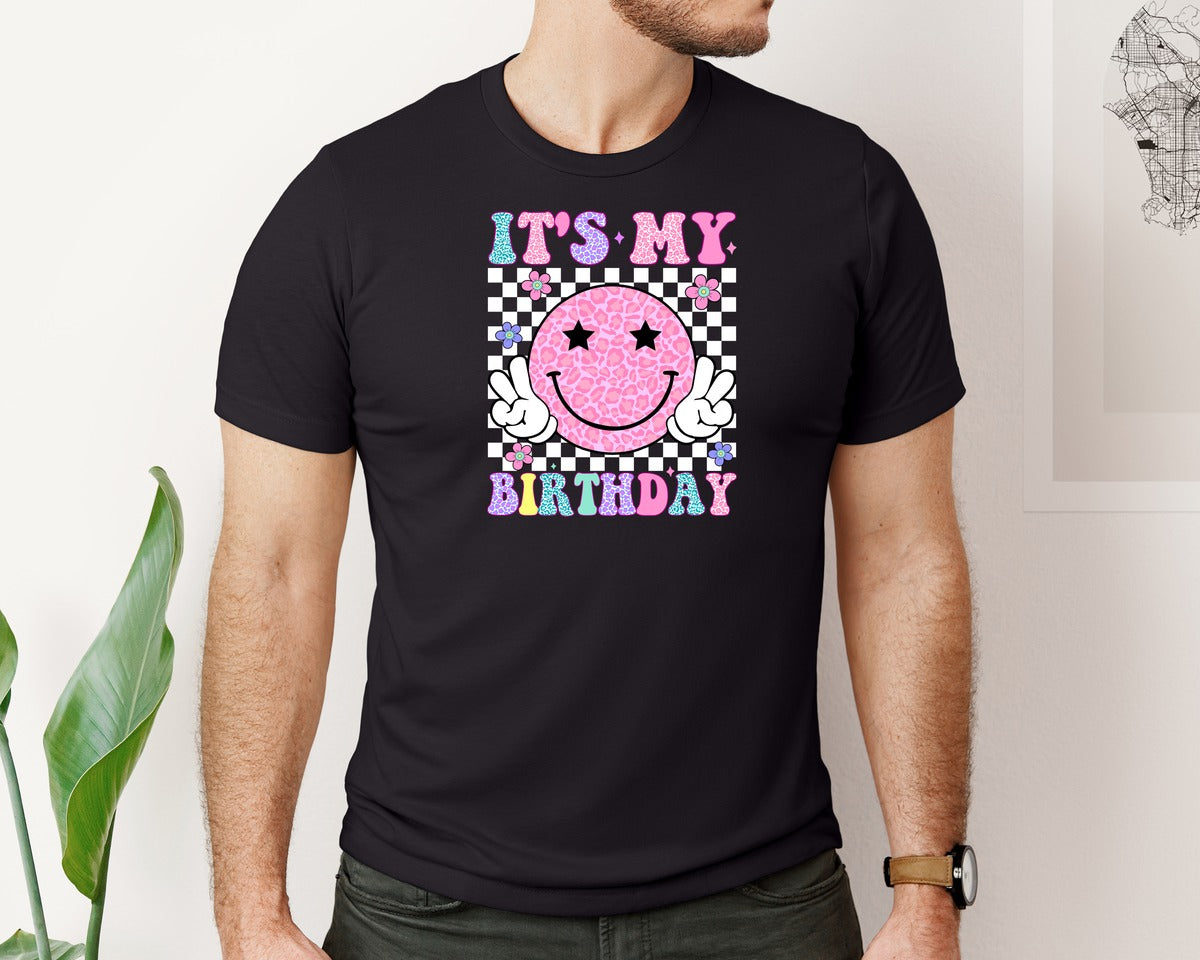 brand:Bella Canvas|color:Black|Leopard Groovy Its My Birthday Graphic T-Shirt