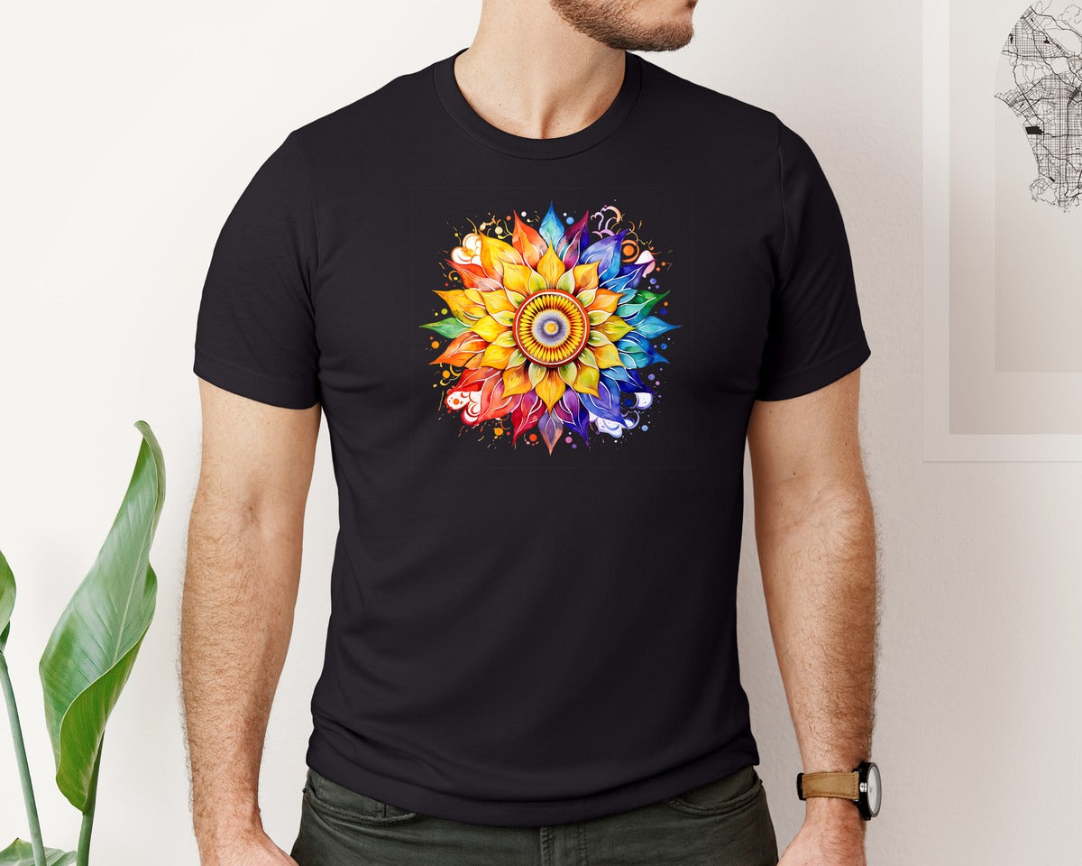 brand:Bella Canvas|color:Black|Retro Zen Sunflower Mandala Rainbow Graphic T-Shirt