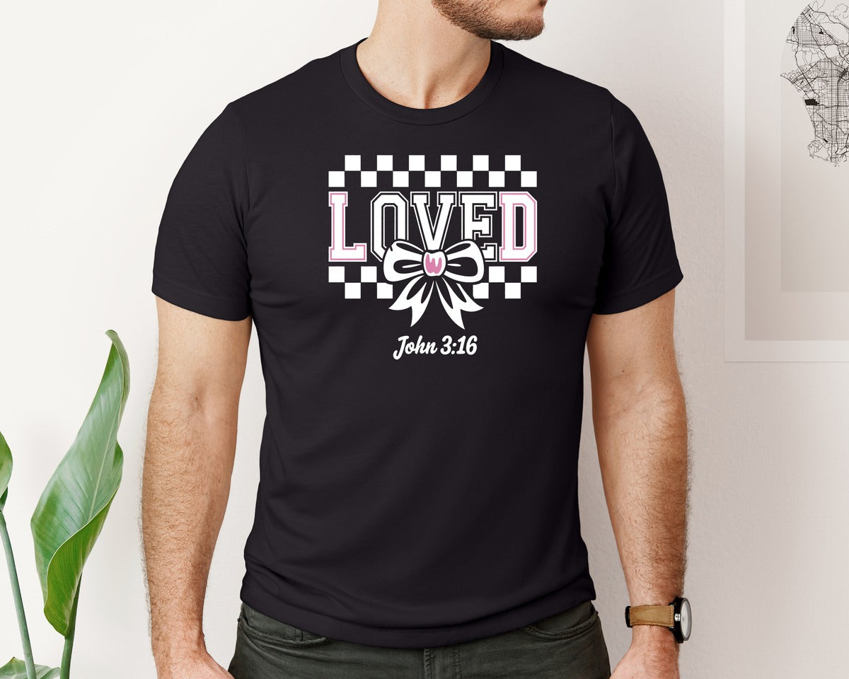 brand:Bella Canvas|color:Black|Loved John 316 Christian Valentines 9 Graphic T-Shirt