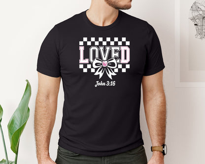 brand:Bella Canvas|color:Black|Loved John 316 Christian Valentines 9 Graphic T-Shirt