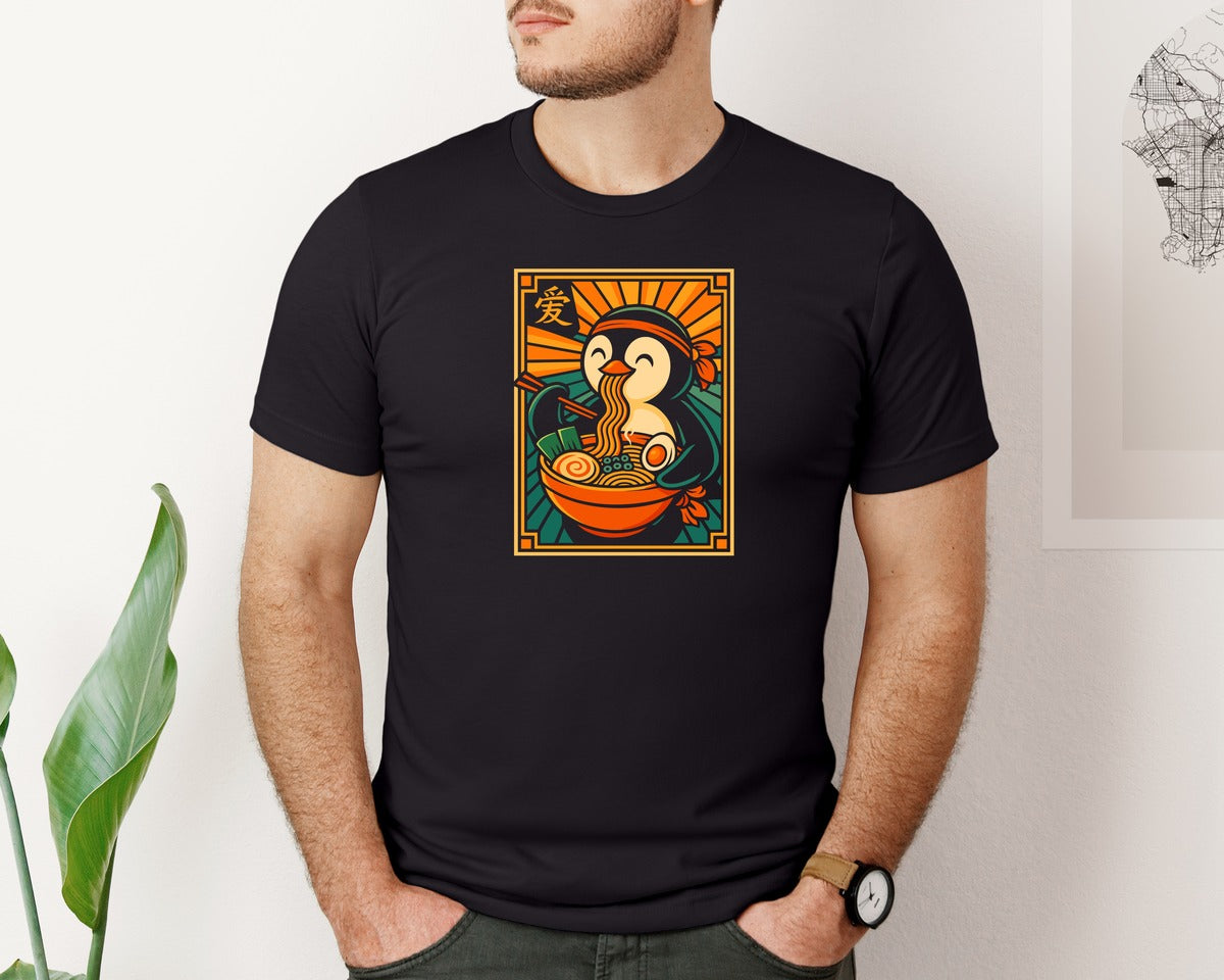 brand:Bella Canvas|color:Black|Cute Penguin Eating Ramen Design Graphic T-Shirt