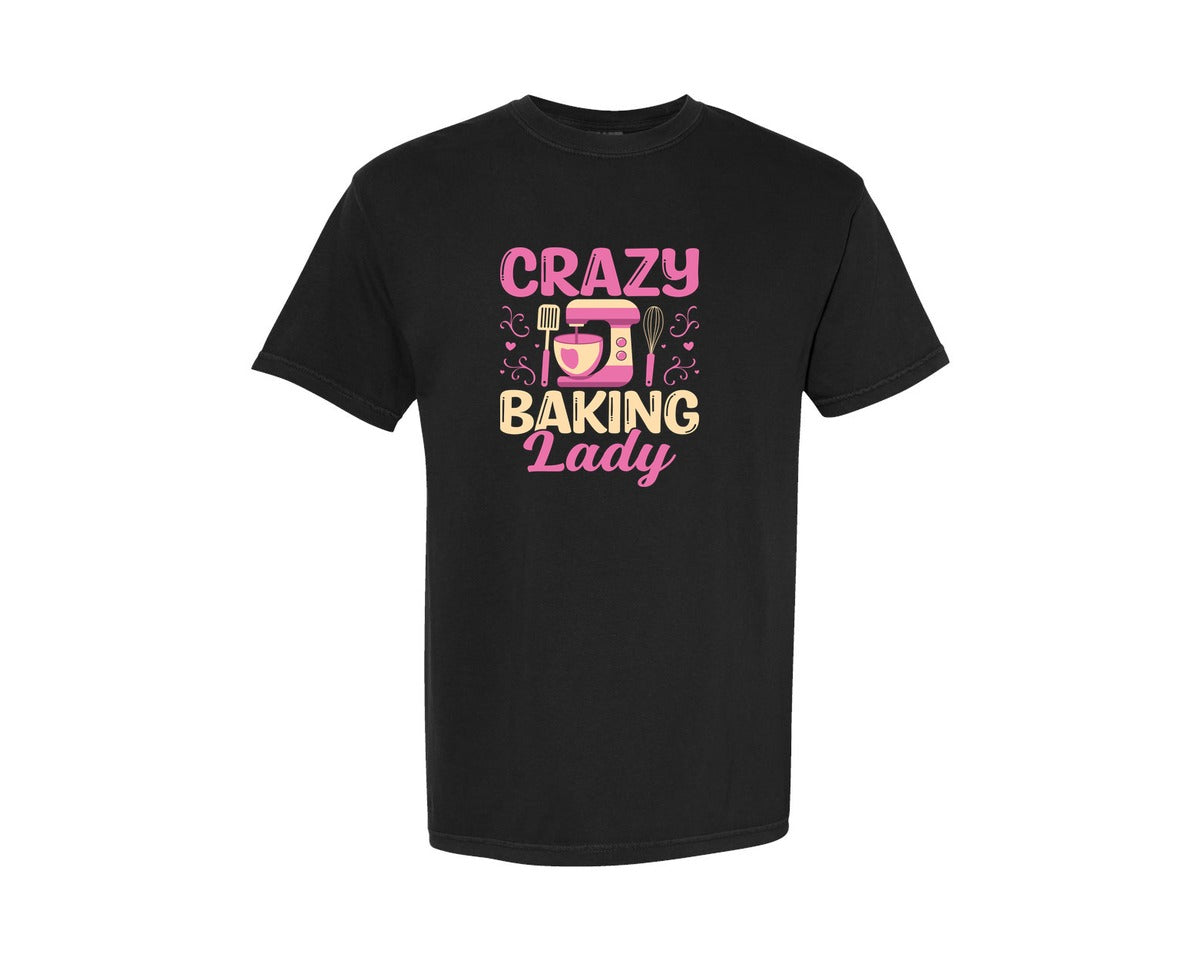 brand:Comfort Colors|color:Black|Crazy Baking Lady Mixer Whisk Baker Graphic T-Shirt