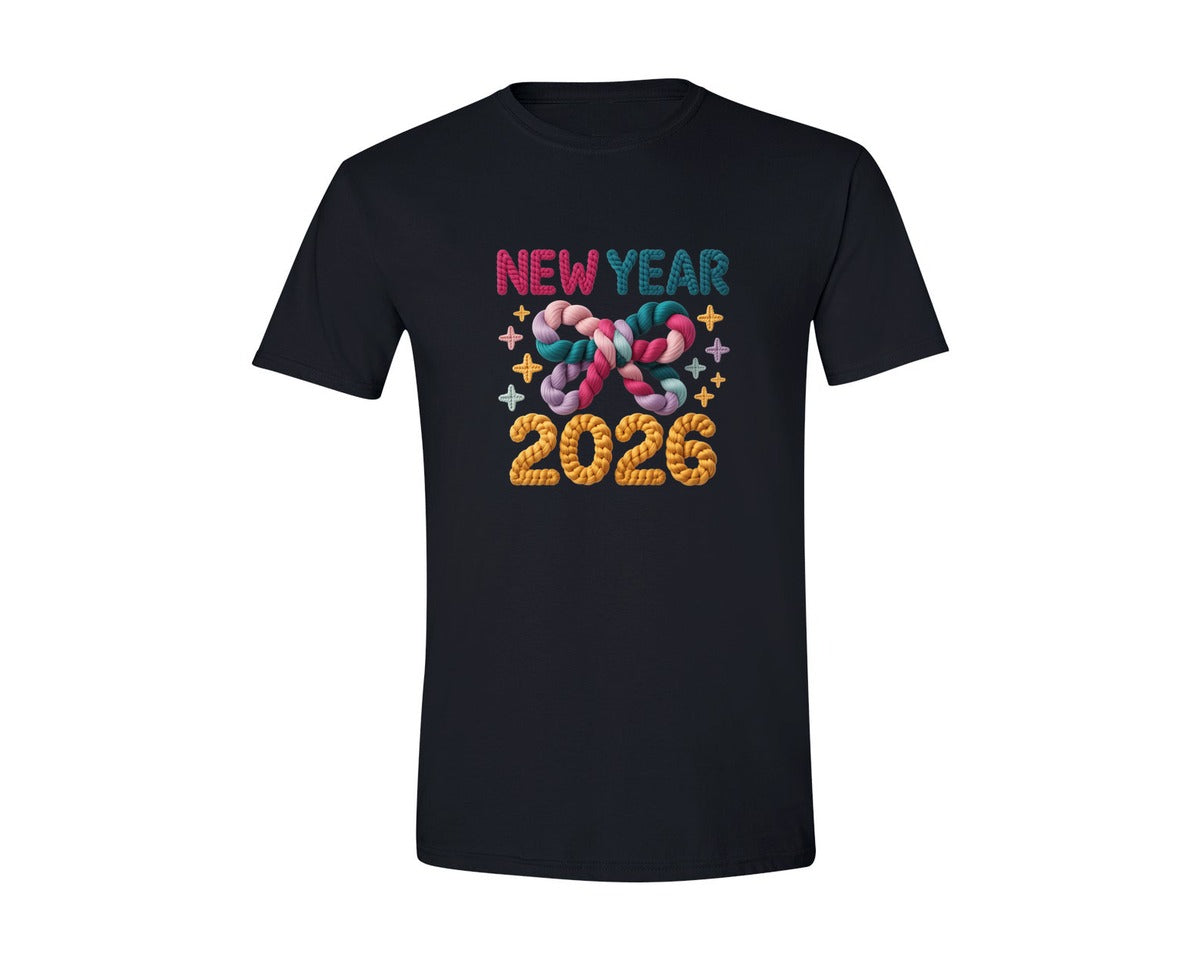 brand:Generic|color:Black|Happy New Year 2026 Braided Yarn Graphic T-Shirt
