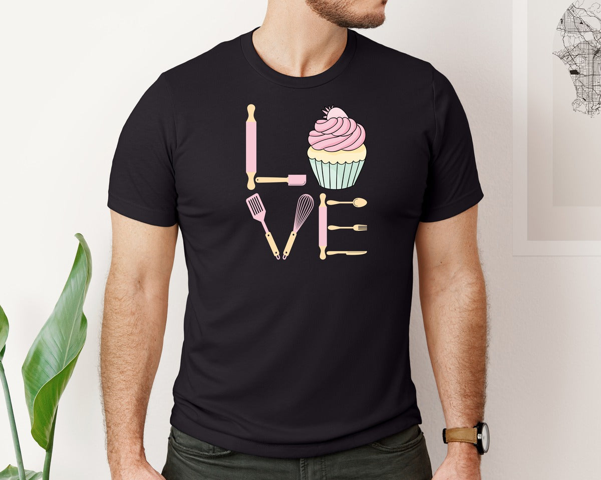 brand:Bella Canvas|color:Black|Baking Love Cupcake Whisk Spatula Graphic T-Shirt