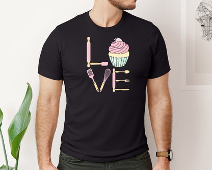 brand:Bella Canvas|color:Black|Baking Love Cupcake Whisk Spatula Graphic T-Shirt