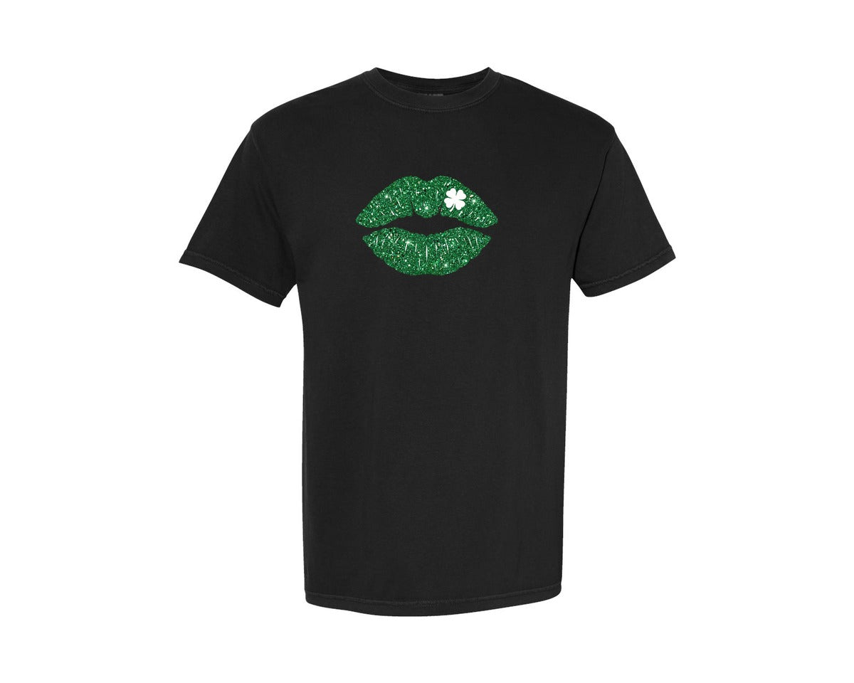 brand:Comfort Colors|color:Black|Green Glitter Lips St Patrick Graphic T-Shirt