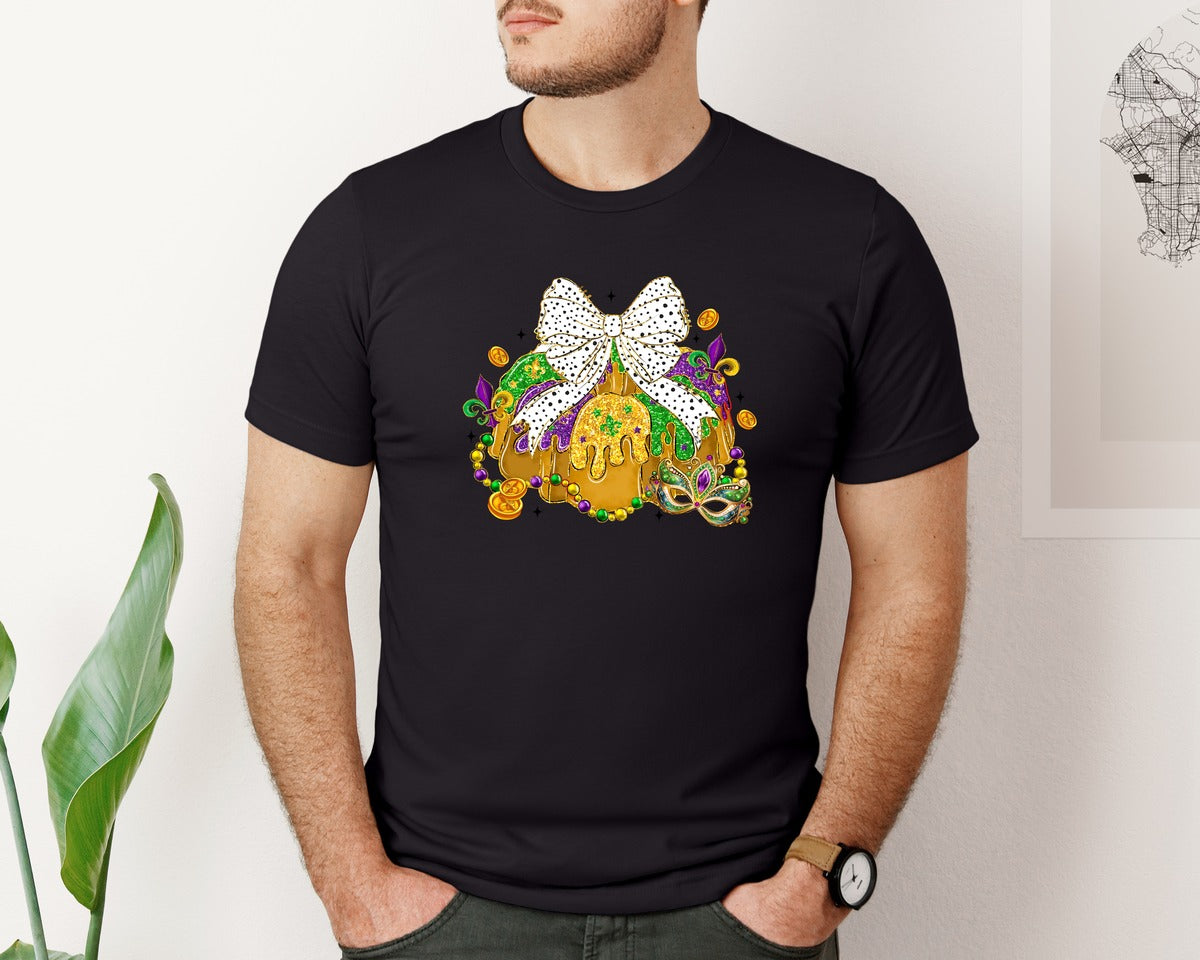 brand:Bella Canvas|color:Black|Mardi Gras King Cake Mardi Gras Bow Graphic T-Shirt