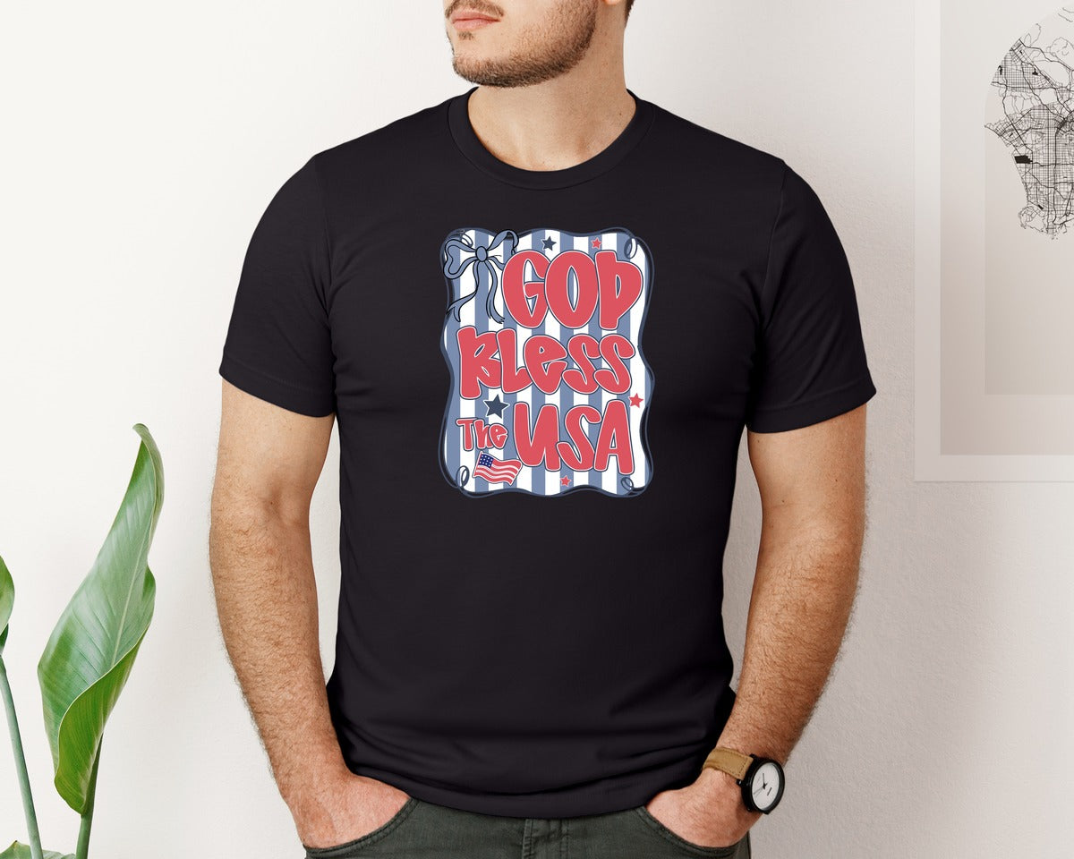 brand:Bella Canvas|color:Black|Preppy God Bless The Usa Coquette Graphic T-Shirt