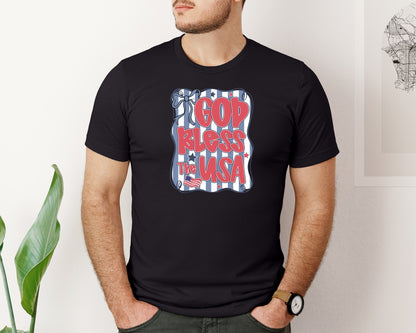 brand:Bella Canvas|color:Black|Preppy God Bless The Usa Coquette Graphic T-Shirt