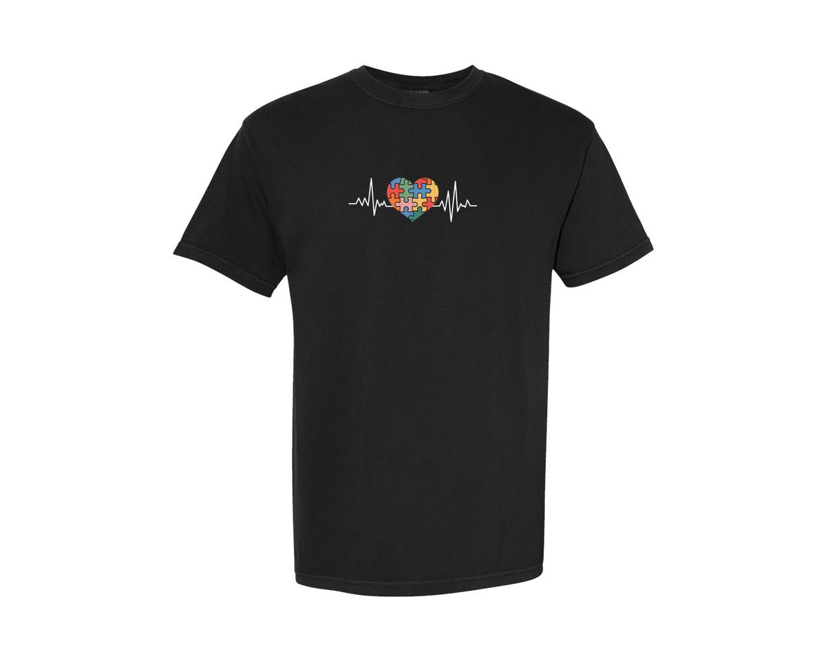 brand:Comfort Colors|color:Black|Autism Heartbeat Puzzle Heart Ecg Graphic T-Shirt