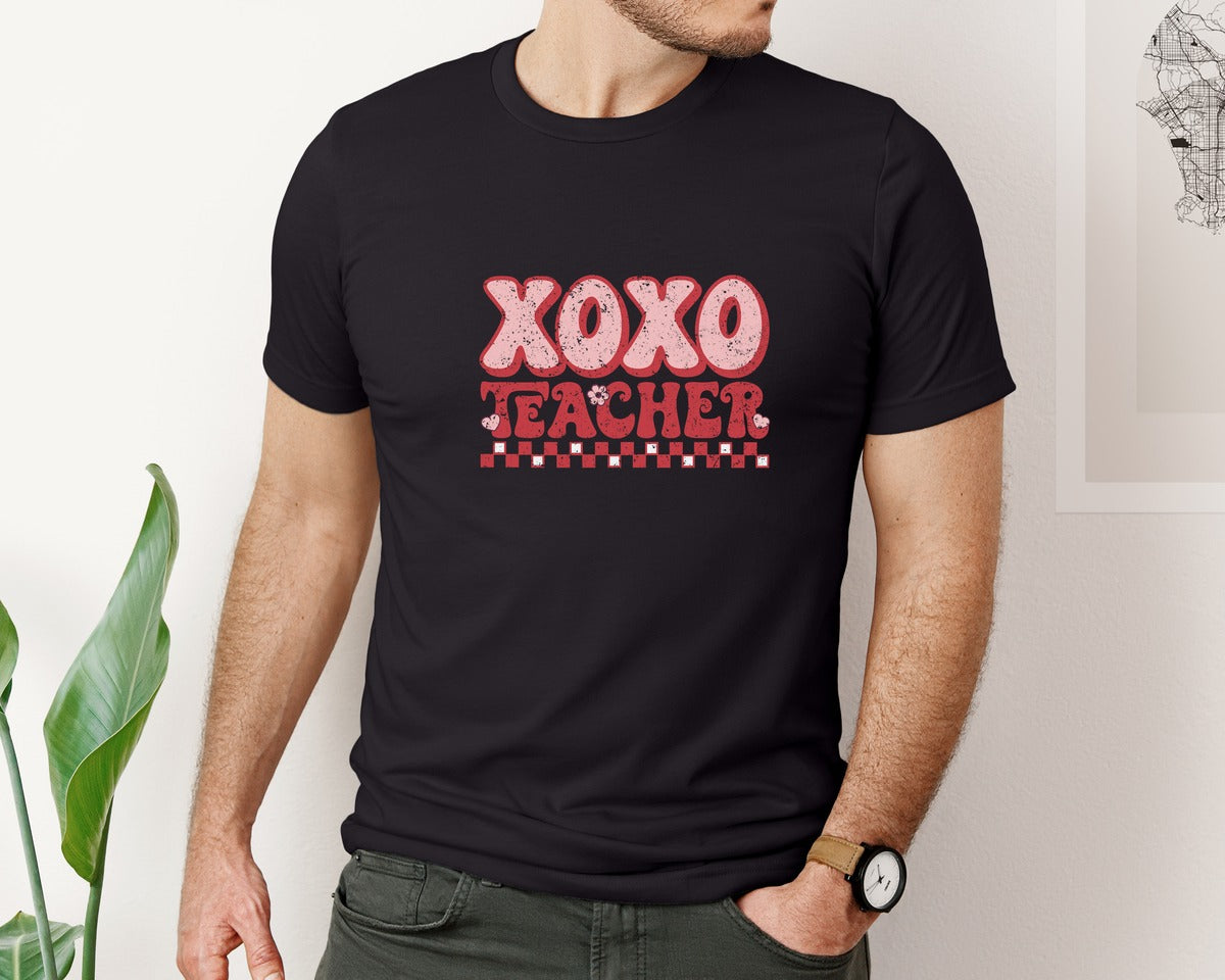 brand:Bella Canvas|color:Black|Xoxo Teacher Valentine Retro Heart Graphic T-Shirt