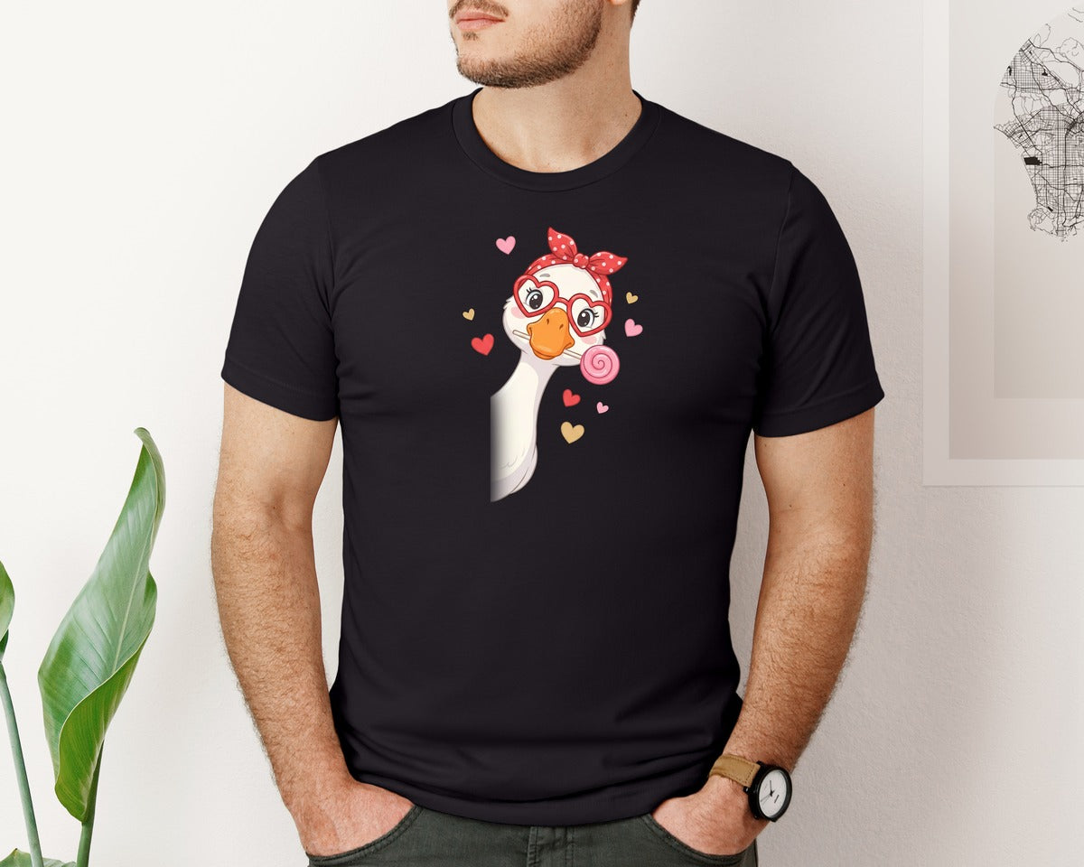 brand:Bella Canvas|color:Black|Valentine Goose Heart Glasses Lollipop Graphic T-Shirt