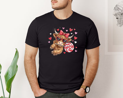 brand:Bella Canvas|color:Black|Funny Valentine Coquette Highland Cow Pn 2 Graphic T-Shirt