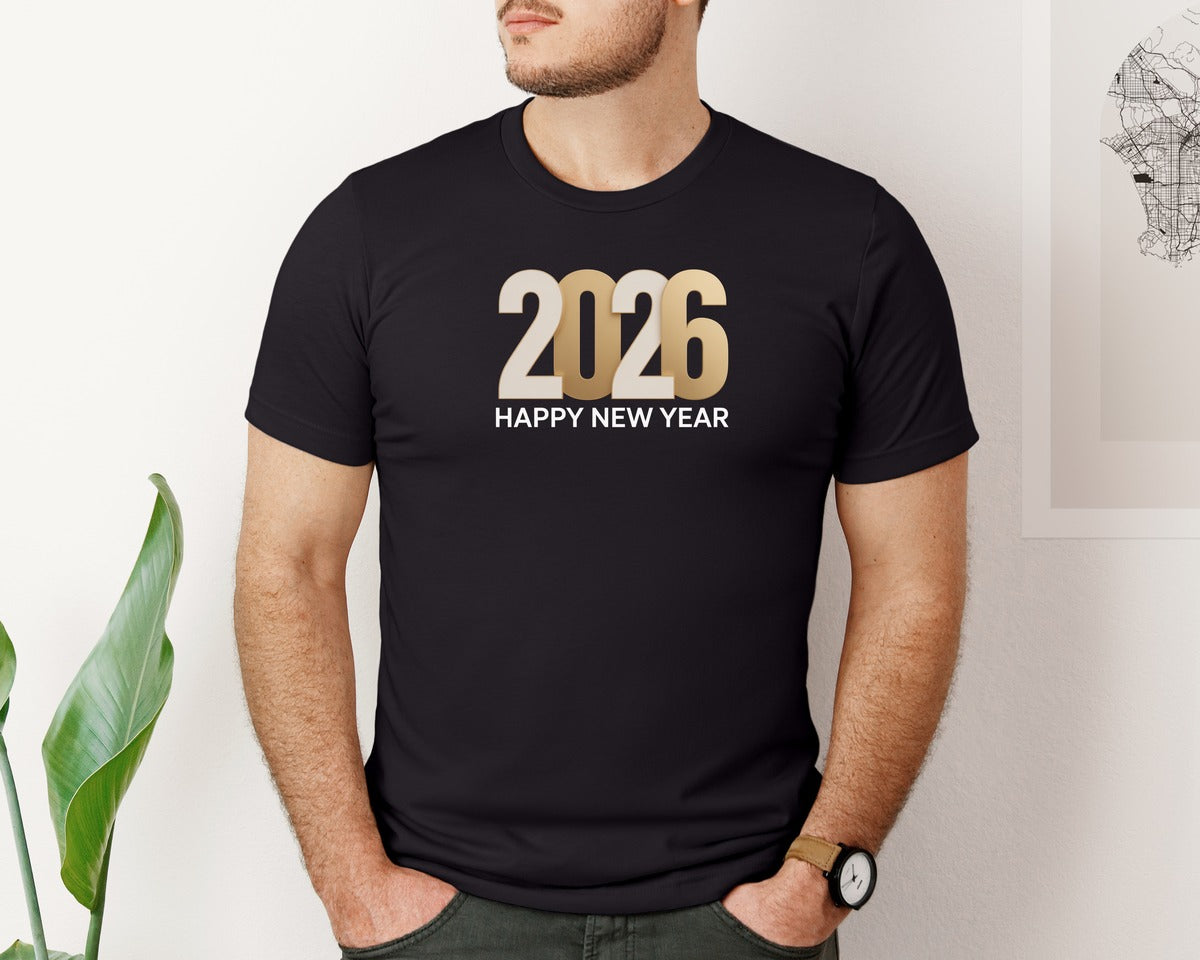brand:Bella Canvas|color:Black|Happy New Year 2026 Gold Shirt Graphic T-Shirt