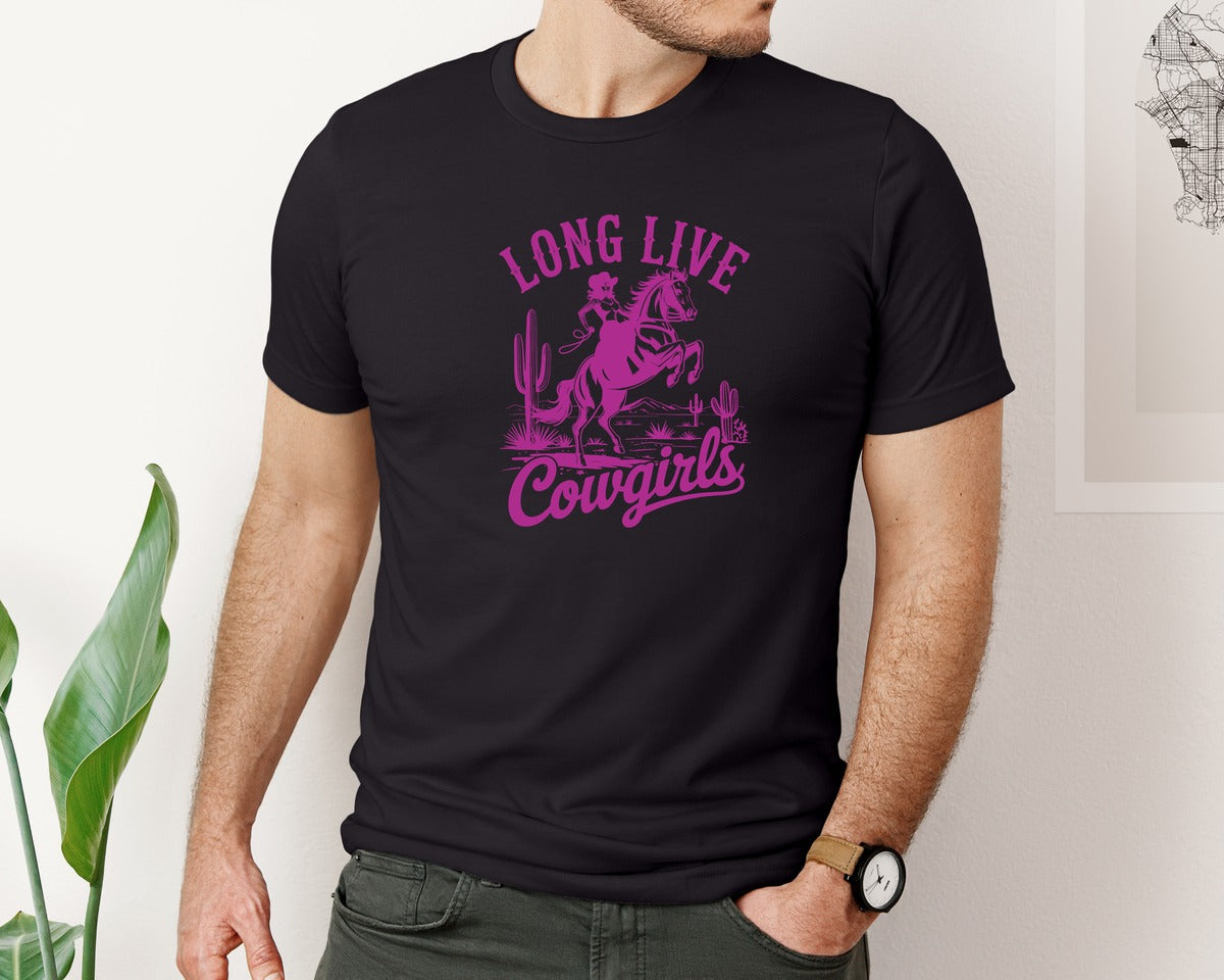 brand:Bella Canvas|color:Black|Retro Cowgirls Long Live Cowboy Graphic T-Shirt