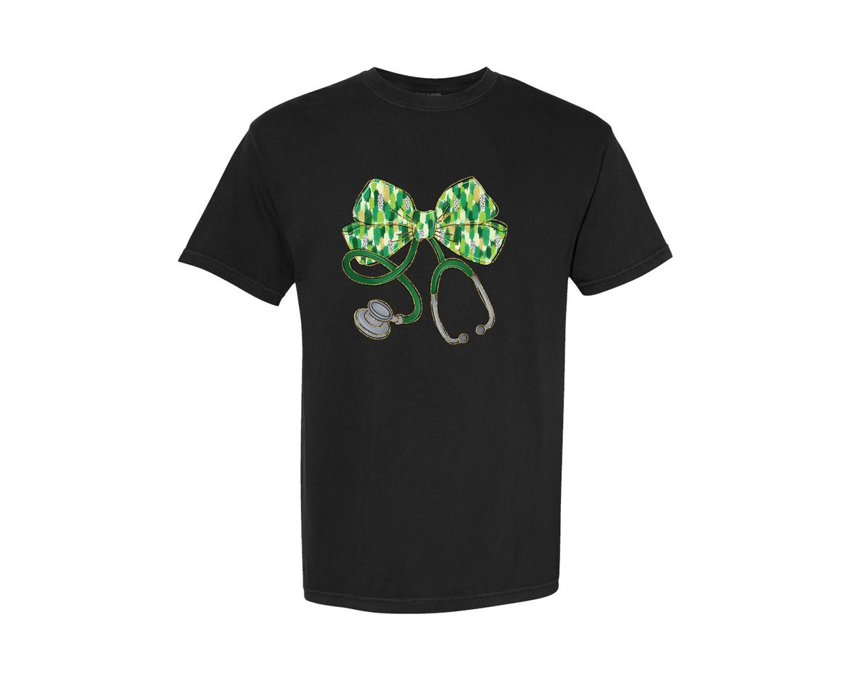 brand:Comfort Colors|color:Black|St Patricks Day Nurse Coquette Bow 4 Graphic T-Shirt