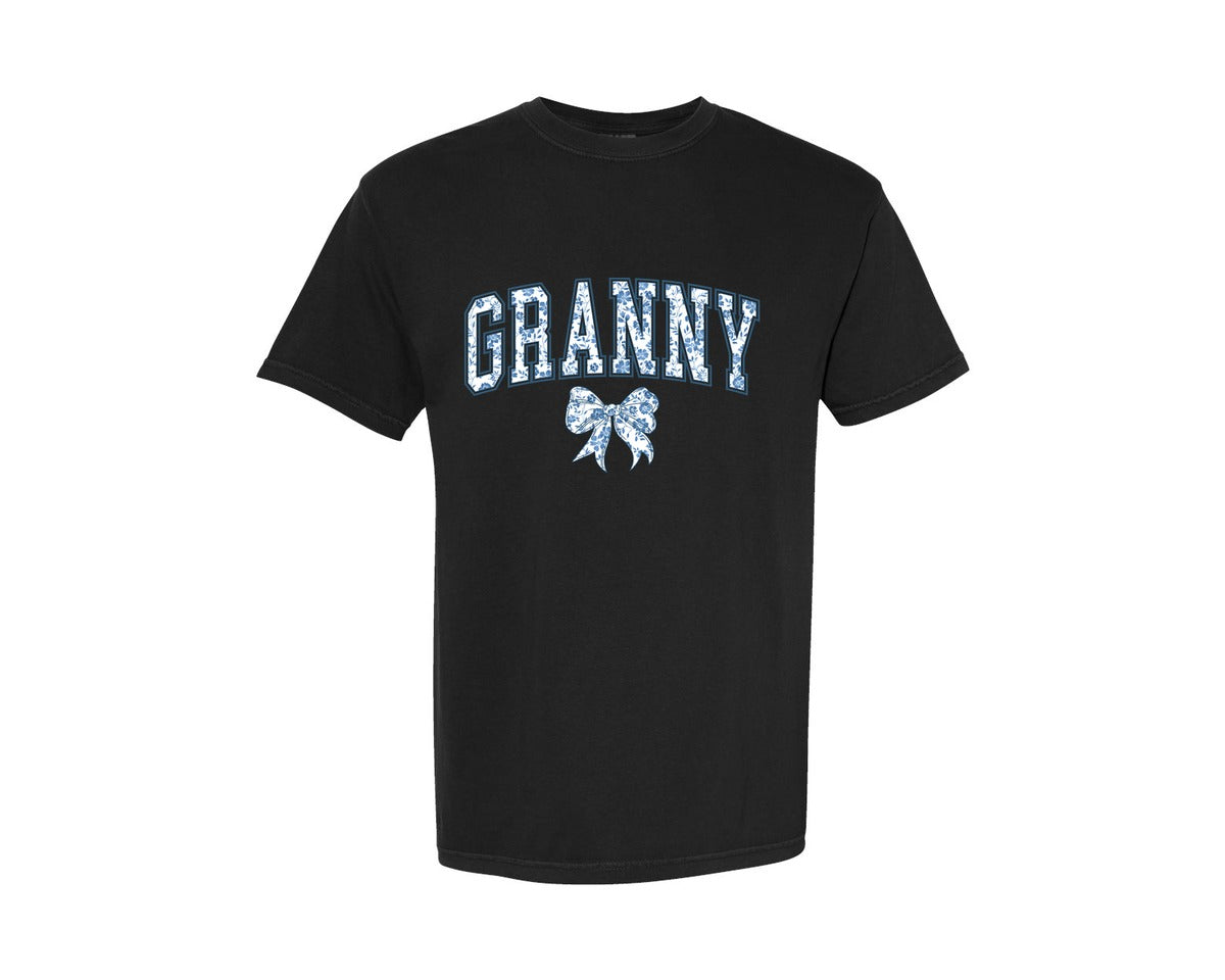 brand:Comfort Colors|color:Black|Granny Chinoiserie Blue Coquette Bow Graphic T-Shirt