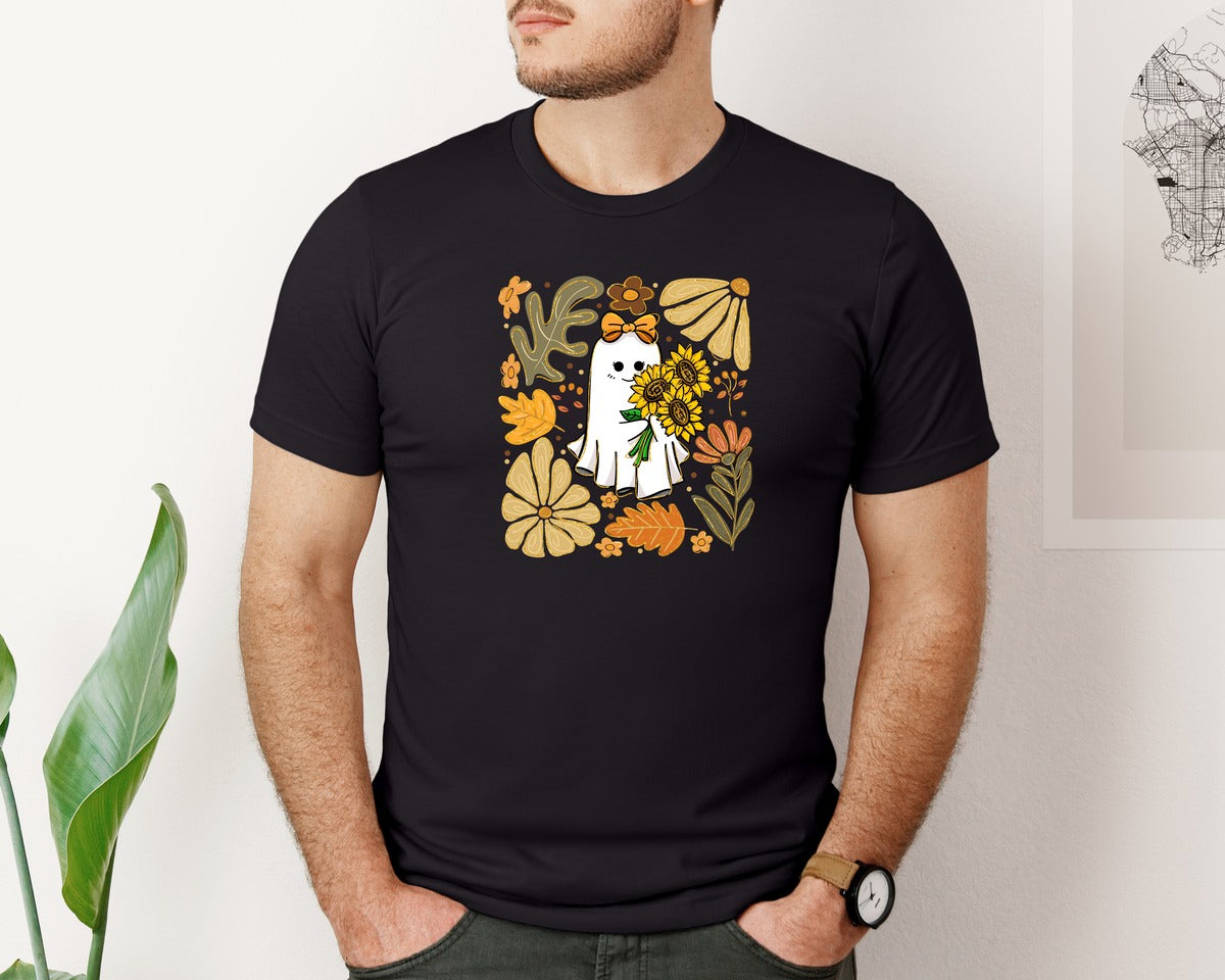 brand:Bella Canvas|color:Black|Boho Floral Ghost Fall Ghost Graphic T-Shirt