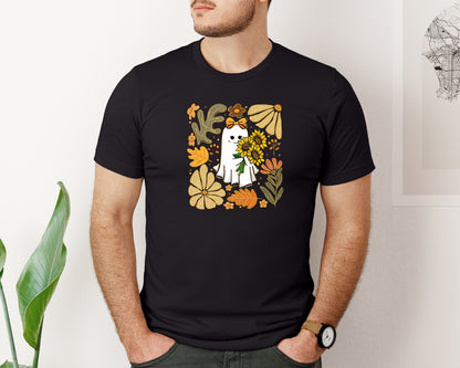 brand:Bella Canvas|color:Black|Boho Floral Ghost Fall Ghost Graphic T-Shirt
