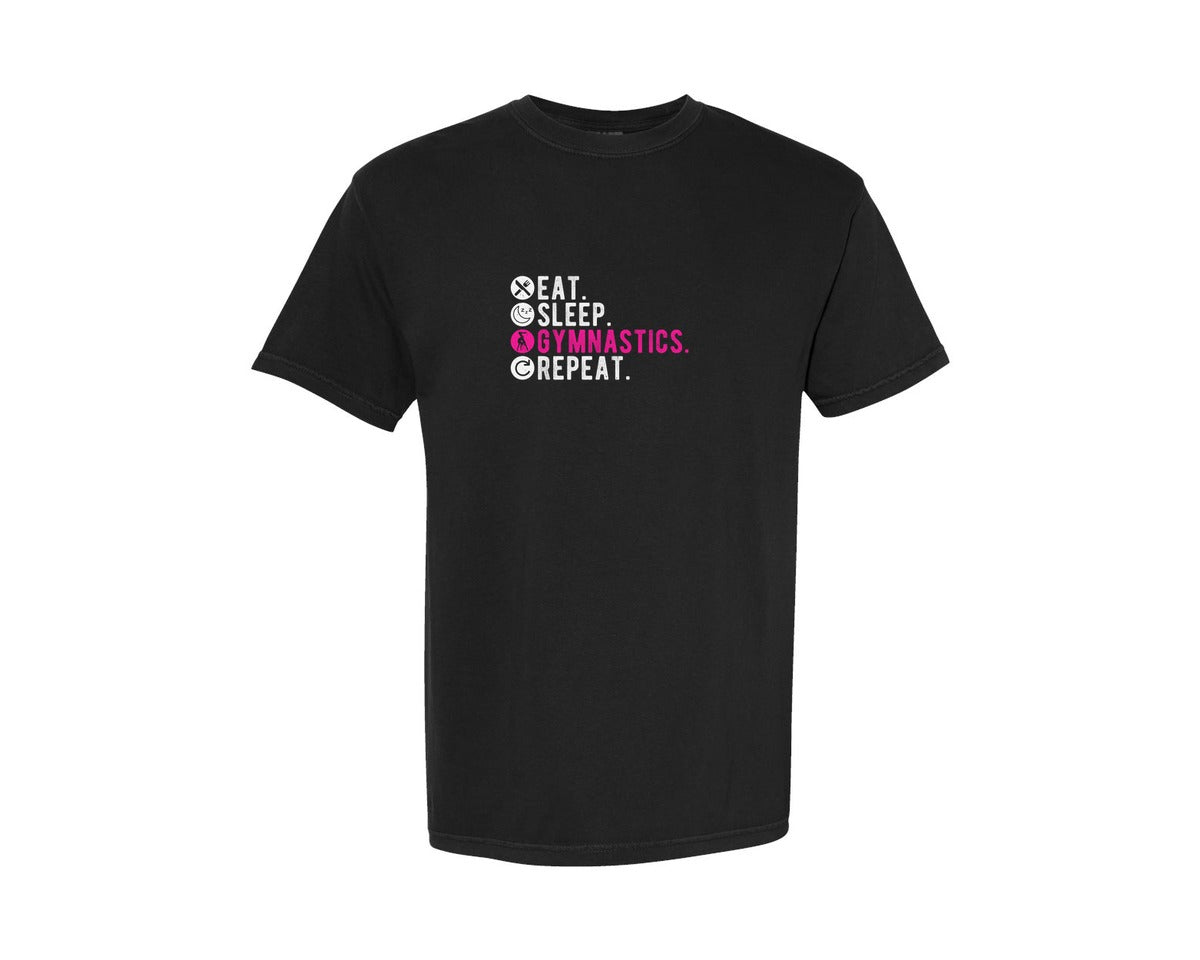 brand:Comfort Colors|color:Black|Eat Sleep Gymnastics Repeat 3 Graphic T-Shirt
