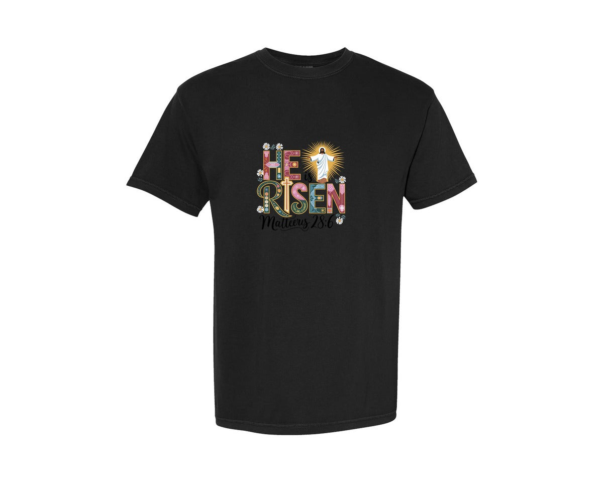 brand:Comfort Colors|color:Black|He Is Risen Christian Easter Design Graphic T-Shirt