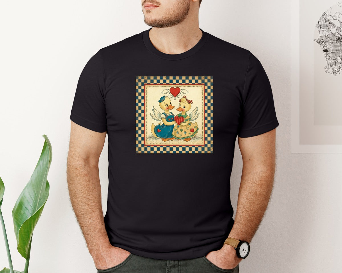 brand:Bella Canvas|color:Black|Vintage Duck Couple Folk Art Heart Graphic T-Shirt