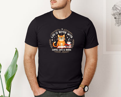 brand:Bella Canvas|color:Black|Life Is Better With Coffee Cats And Book 8 Graphic T-Shirt