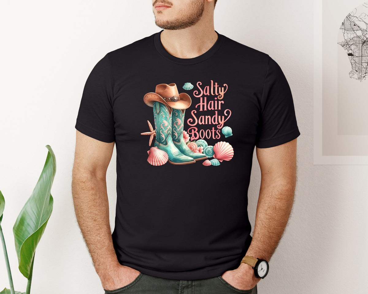 brand:Bella Canvas|color:Black|Cowgirl Salty Hair Sandy Boots Graphic T-Shirt