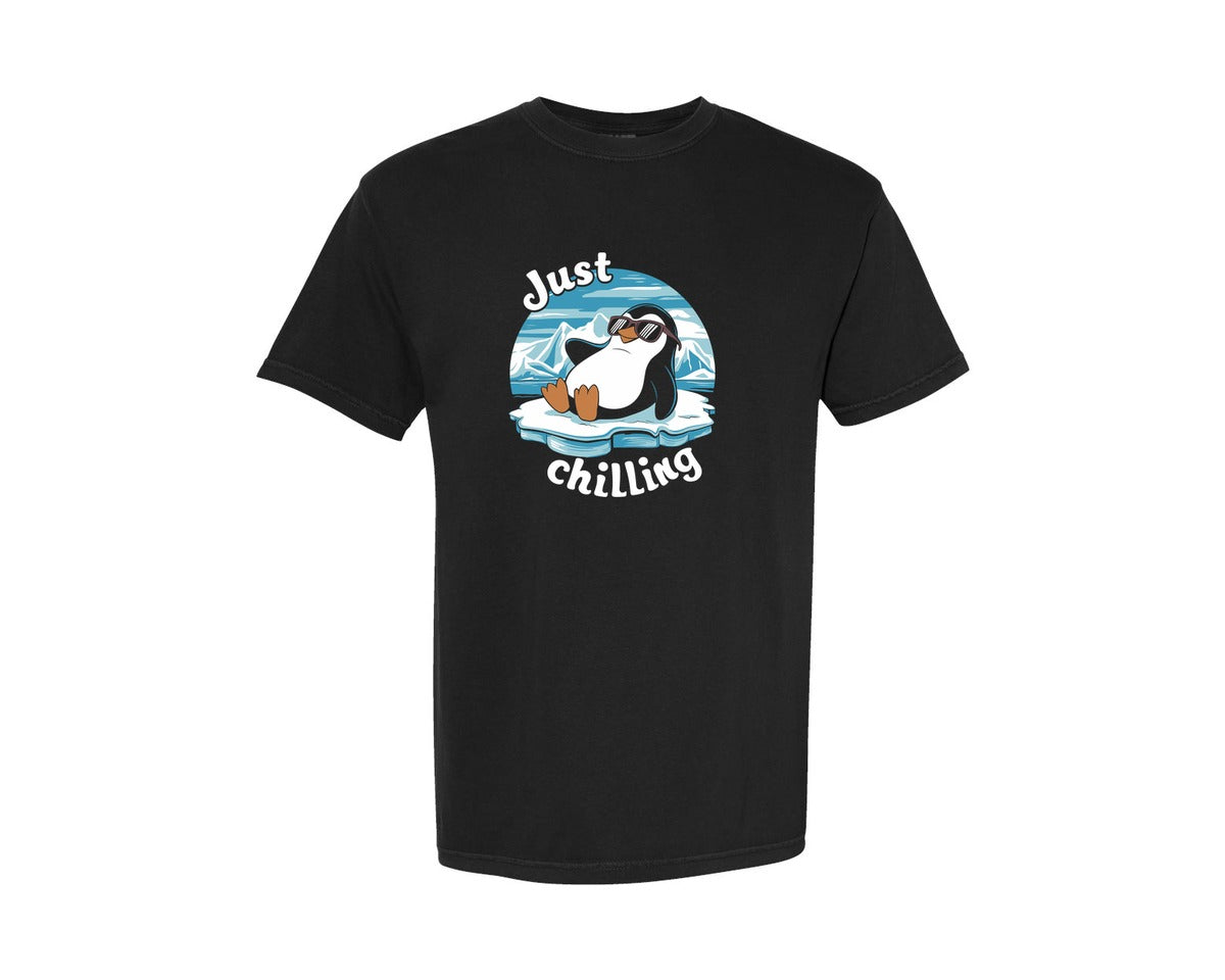 brand:Comfort Colors|color:Black|Just Chilling Penguin Pun Relaxed Vibes Graphic T-Shirt
