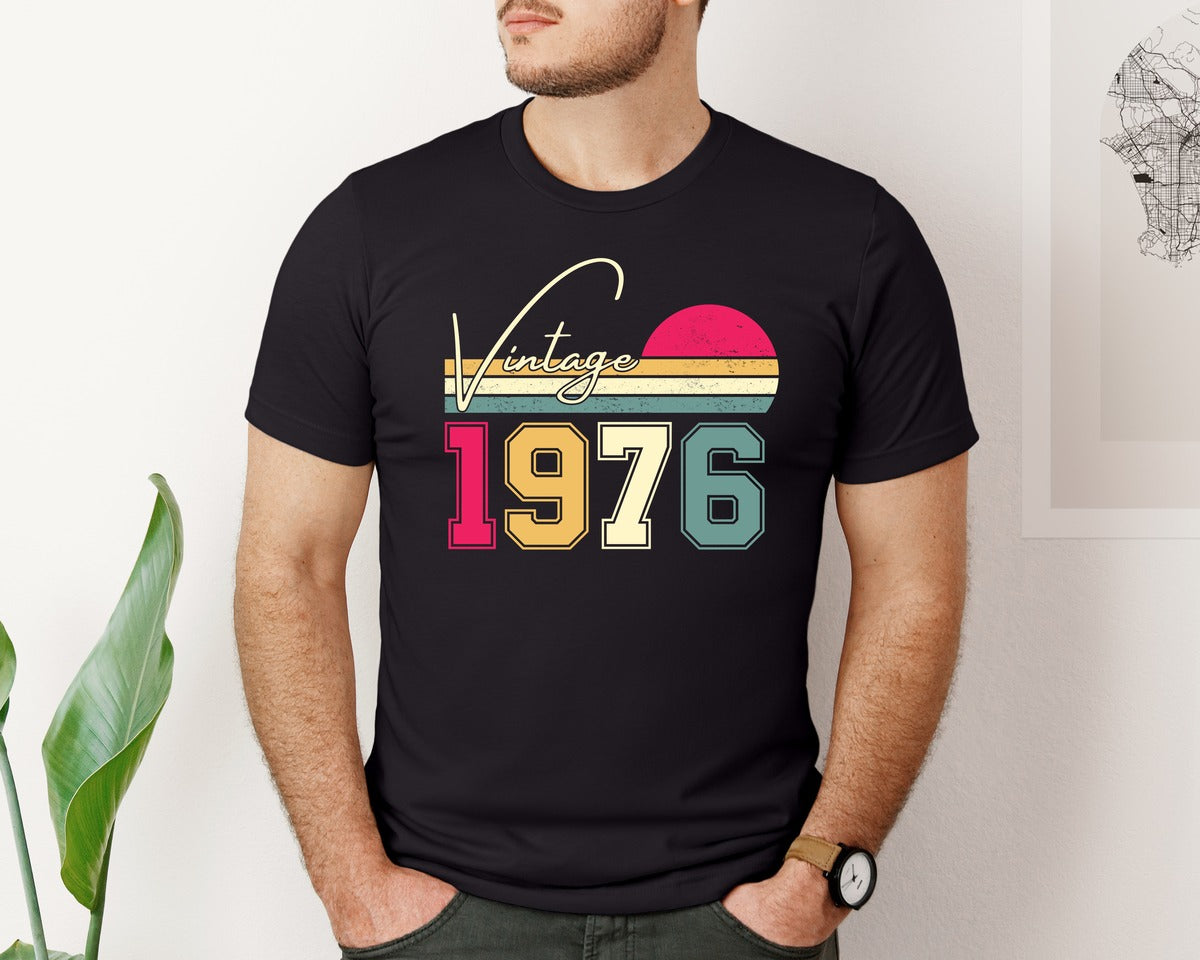 brand:Bella Canvas|color:Black|Vintage Classic Born In 1976 Birthday Graphic T-Shirt