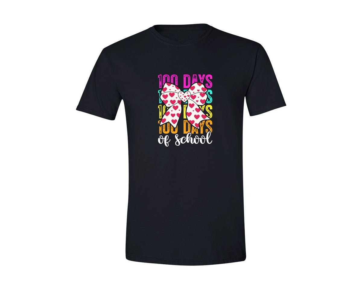 brand:Generic|color:Black|100 Days Of School Checkered Bow Graphic T-Shirt