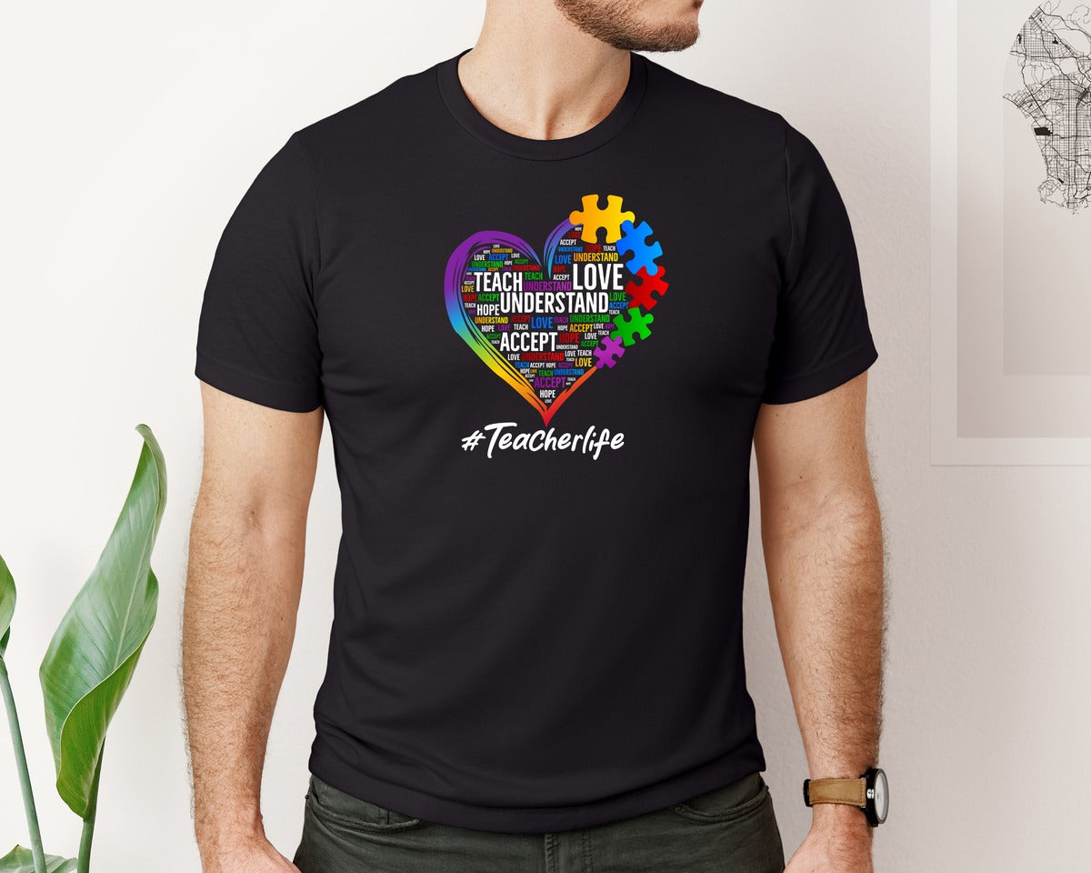 brand:Bella Canvas|color:Black|Autism Awareness Heart Teacher Life Graphic T-Shirt