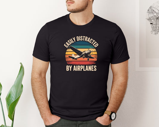 Retro Easily Distracted By Airplanes Graphic T-Shirt