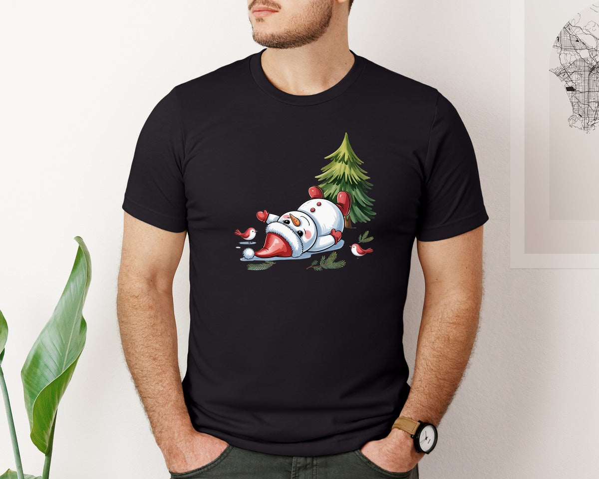 brand:Bella Canvas|color:Black|Funny Snowman With Christmas Tree Graphic T-Shirt