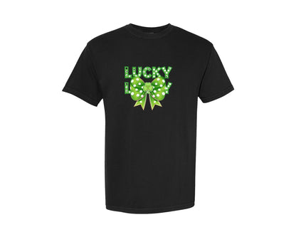 brand:Comfort Colors|color:Black|Coquette Lucky Bow St Patricks Day 4 Graphic T-Shirt