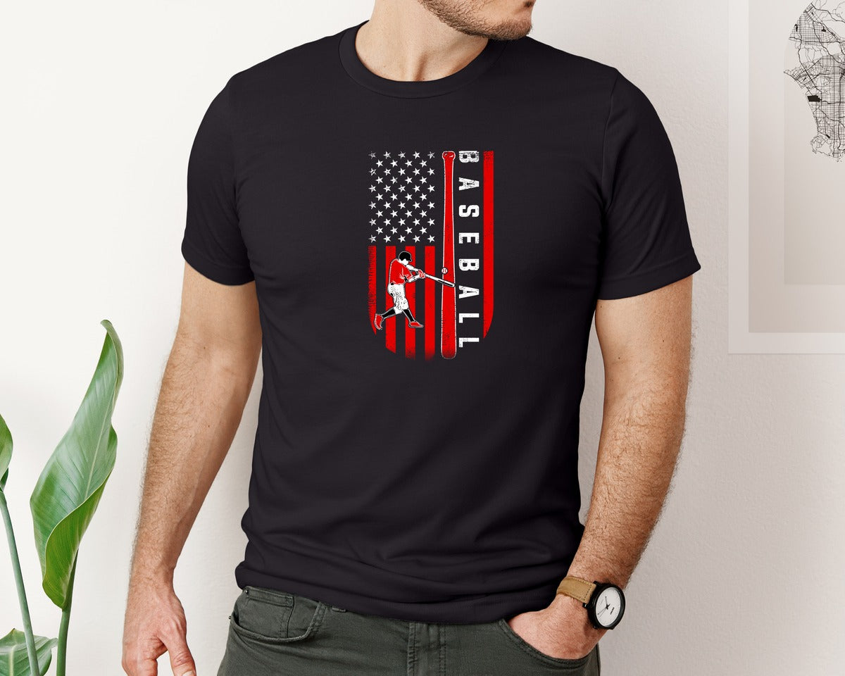 brand:Bella Canvas|color:Black|American Flag Baseball Team Gift For Men Graphic T-Shirt