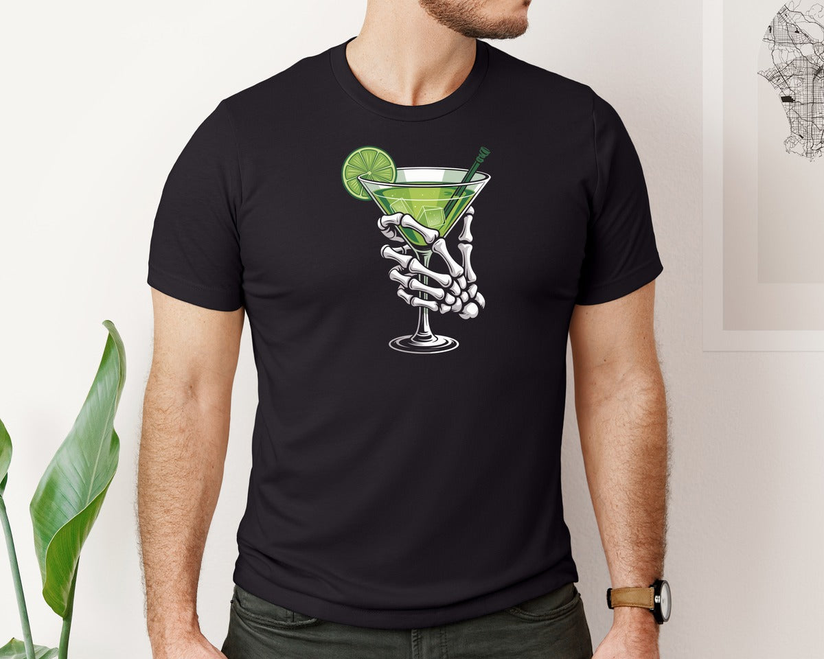 brand:Bella Canvas|color:Black|Skeleton Margarita Spooky Cocktail Graphic T-Shirt