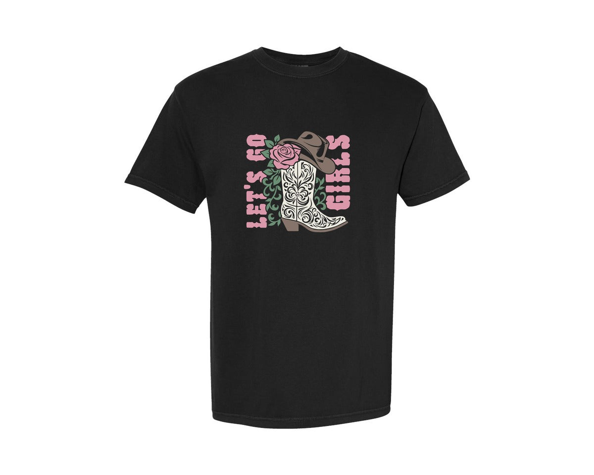 brand:Comfort Colors|color:Black|Lets Go Girls Cowboy Boots Western Graphic T-Shirt