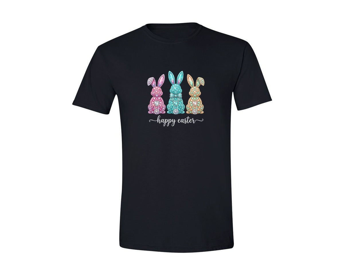 brand:Generic|color:Black|Happy Easter Rhinestone Bunnies Graphic T-Shirt