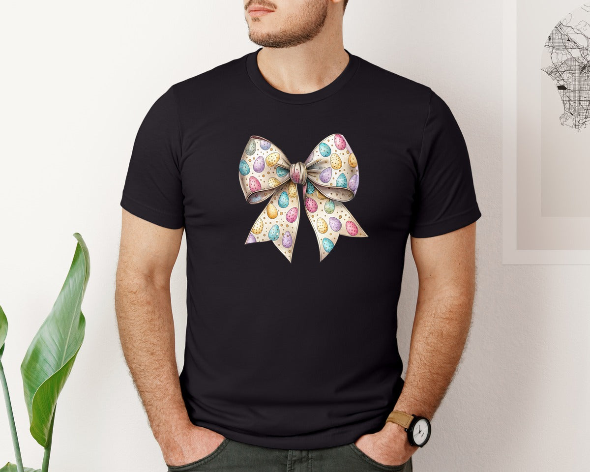brand:Bella Canvas|color:Black|Easter Egg Coquette Bow Graphic T-Shirt