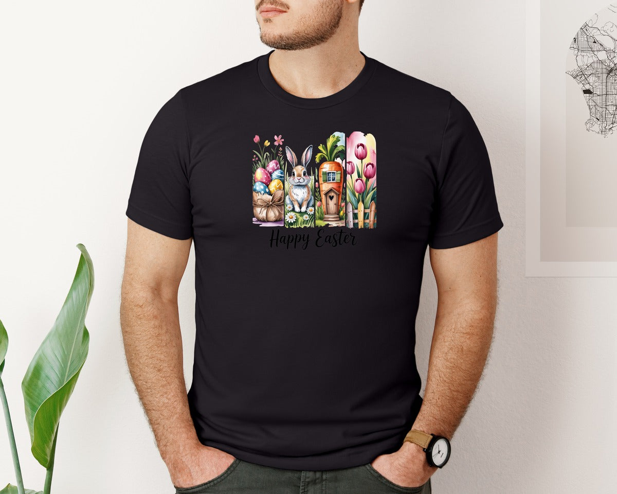 brand:Bella Canvas|color:Black|Happy Easter Bunny Vintage Easter Graphic T-Shirt
