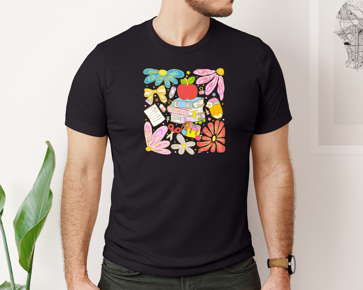 brand:Bella Canvas|color:Black|Preppy Teacher Books Graphic T-Shirt