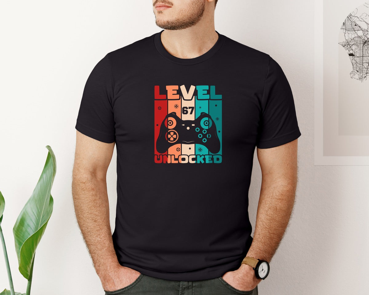 brand:Bella Canvas|color:Black|Gamer Gaming Level 67 Unlocked Graphic T-Shirt