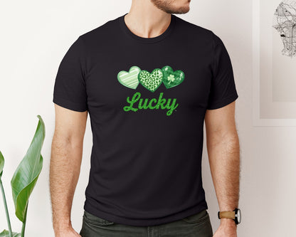 brand:Bella Canvas|color:Black|Lucky Shamrock Heart St Patricks Day 3 Graphic T-Shirt