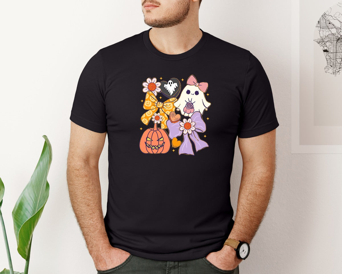 brand:Bella Canvas|color:Black|Cute Ghost Coquette Halloween Graphic T-Shirt