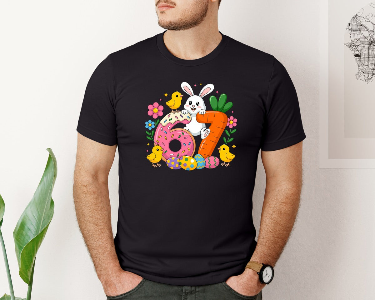 brand:Bella Canvas|color:Black|Happy Easter Day 67 Bunny Six Seven Graphic T-Shirt