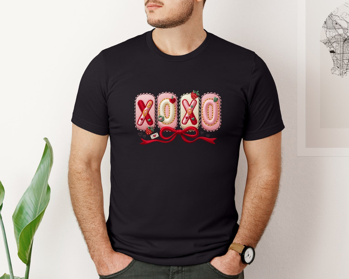 brand:Bella Canvas|color:Black|Valentines Day Xoxo Faux Yarn Graphic T-Shirt