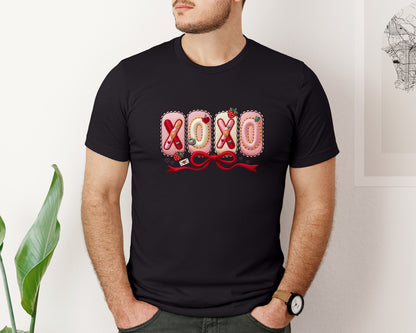 brand:Bella Canvas|color:Black|Valentines Day Xoxo Faux Yarn Graphic T-Shirt