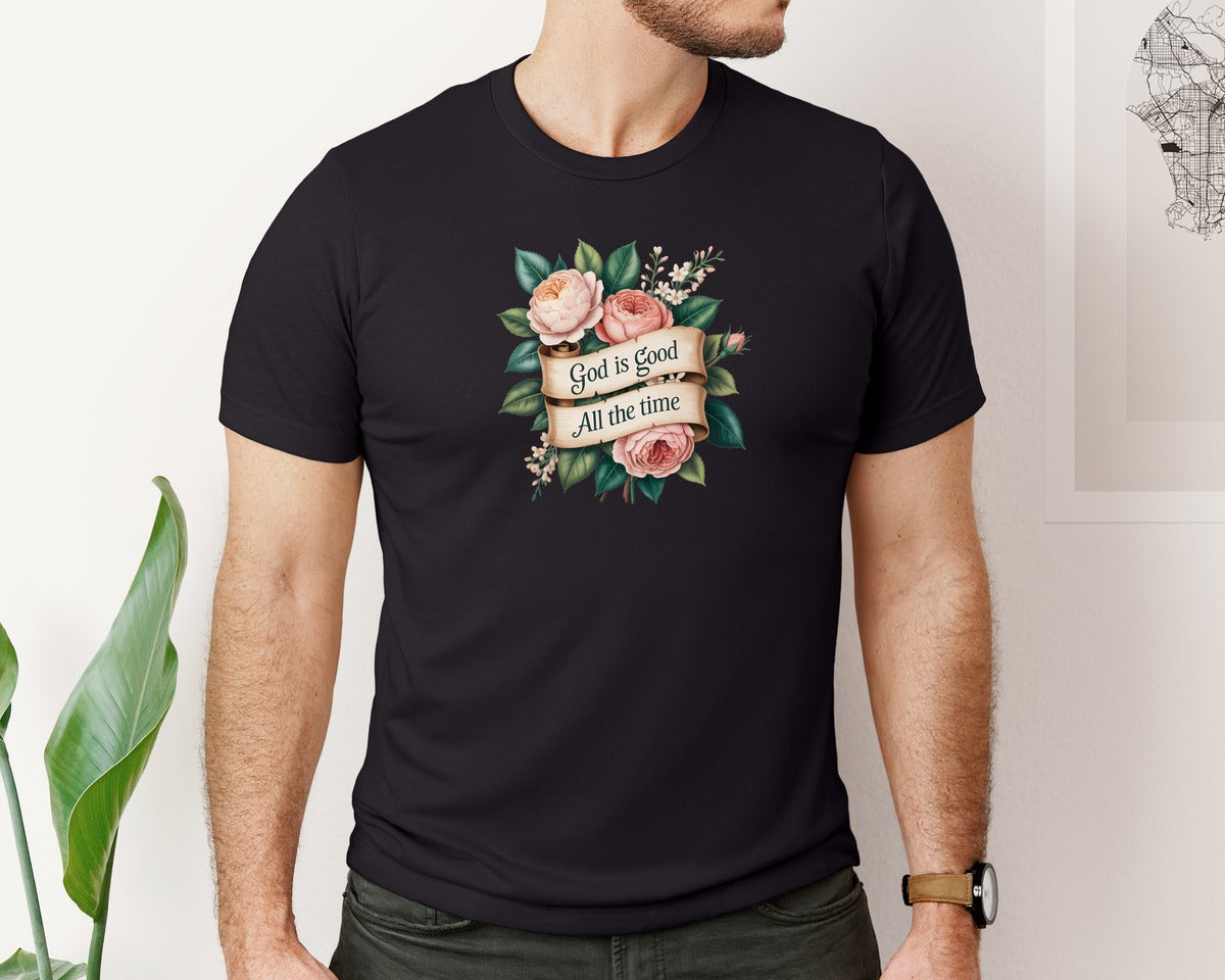 brand:Bella Canvas|color:Black|God Is Good Vintage Rose Graphic T-Shirt